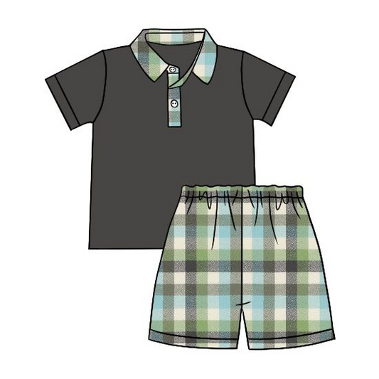 Moq 3 Pre-order BSSO0715 Baby Boy Short Sleeves Buttons Shirt Plaid Shorts Set