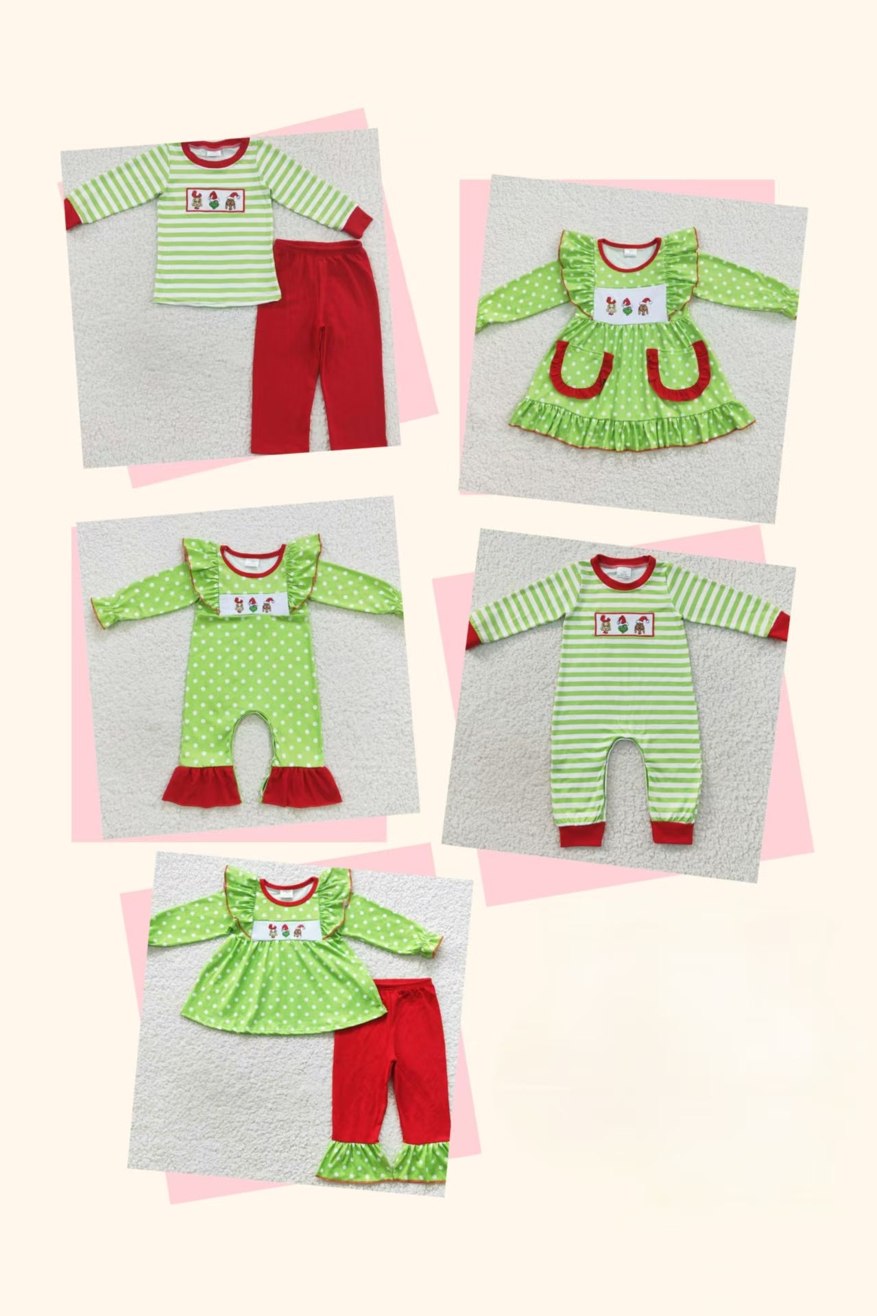Sibling Boys Girls Embroidery Green Face Christmas Long Sleeves Romper Dress Set Clothes RTS