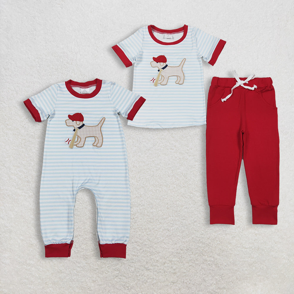 Sibling Baby Boys Toddler Short Sleeves Embroidery Dog Baseball Stripes Romper Set RTS