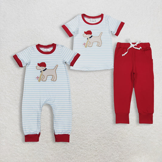 Sibling Baby Boys Toddler Short Sleeves Embroidery Dog Baseball Stripes Romper Set RTS