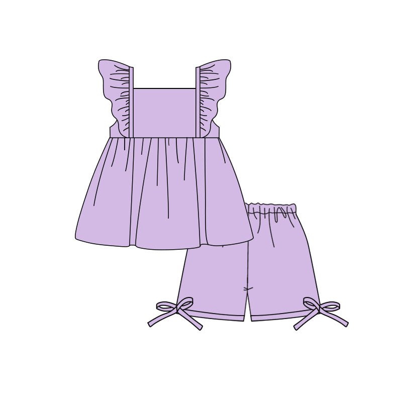 ( Moq 5 ) Preorder Baby Girl Kids Short Sleeves Ruffle Purple Tops Bows Shorts Set Cotton Clothes