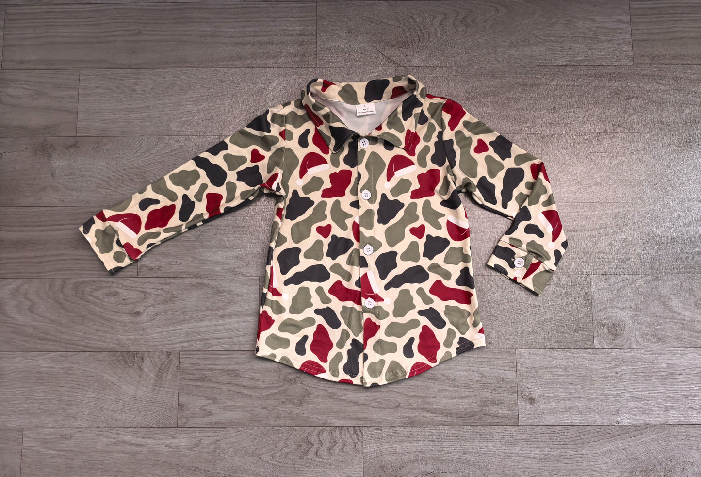 ( No moq ) Preorder Baby Boys Kids Long Sleeves Green Red Camo Buttons Shirt Tops