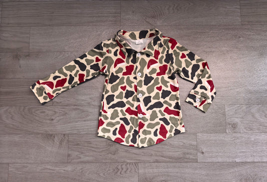 ( No moq ) Preorder Baby Boys Kids Long Sleeves Green Red Camo Buttons Shirt Tops