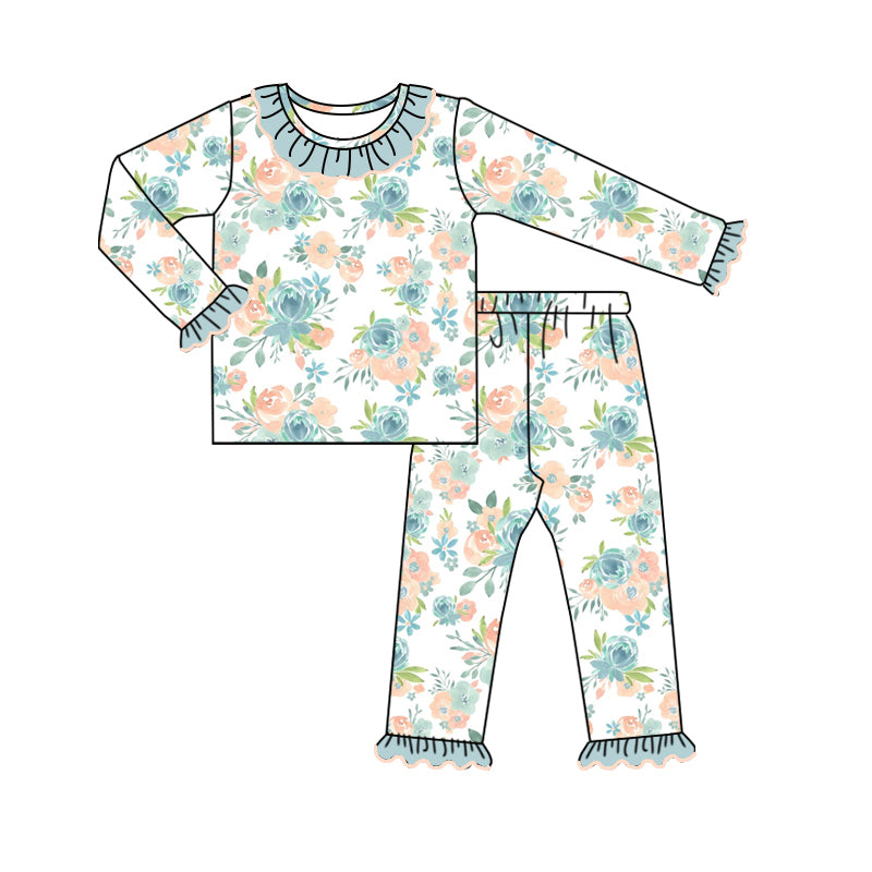 Baby Girl Long Sleeves Flower Shirt Pants Pajamas Green Set