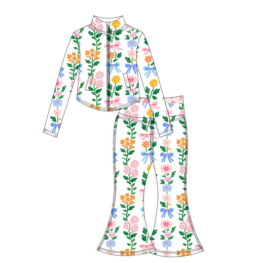 ( Moq 10 ) Baby Girl Long Sleeves Flower Pockets Zipper Top Bell Bottom Pants Activity Wear Yoga Set