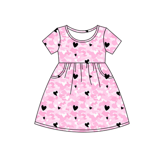 Baby Girl Short Sleeves Pink Camo Hearts Pocket Dress