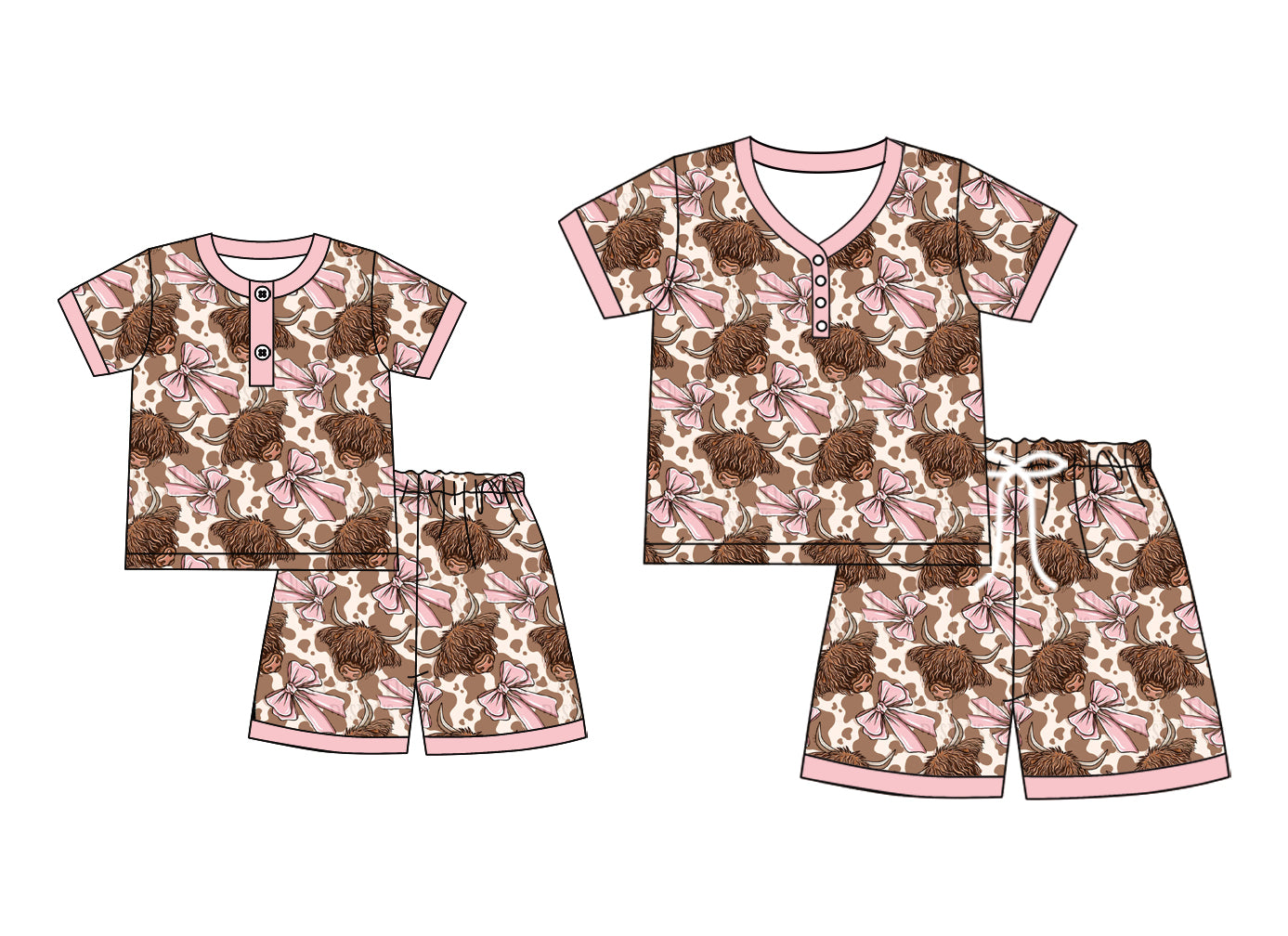 ( Moq 5 Each Style ) Baby Girl Adult Women Western Cow Bows Buttons Shorts Sibling Mommy And Me Family Pajamas Set 4.19