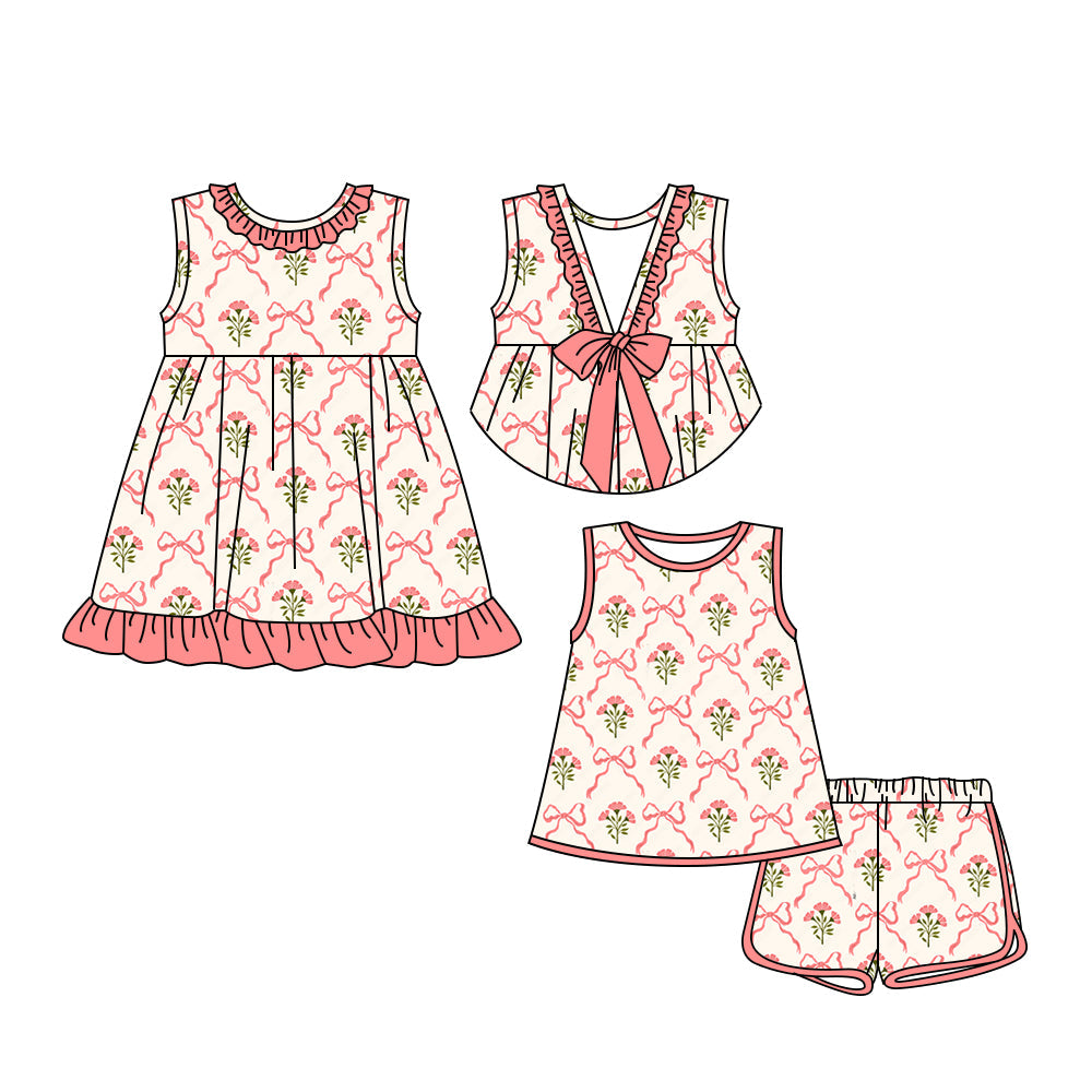 ( Moq 5 Each Style ) Baby Girl Sleeveless Floral Bows Sibling Dress Set 3.24