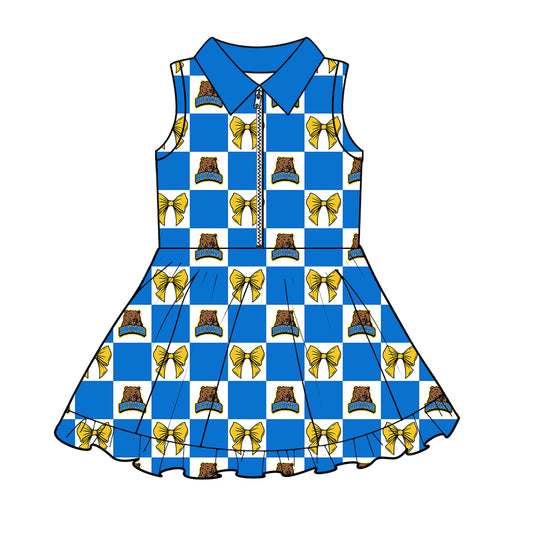 ( Moq 5 ) Baby Girls Kids Sleeveless Bear Bows Checked Team Zipper Shorts Knee Length Dress