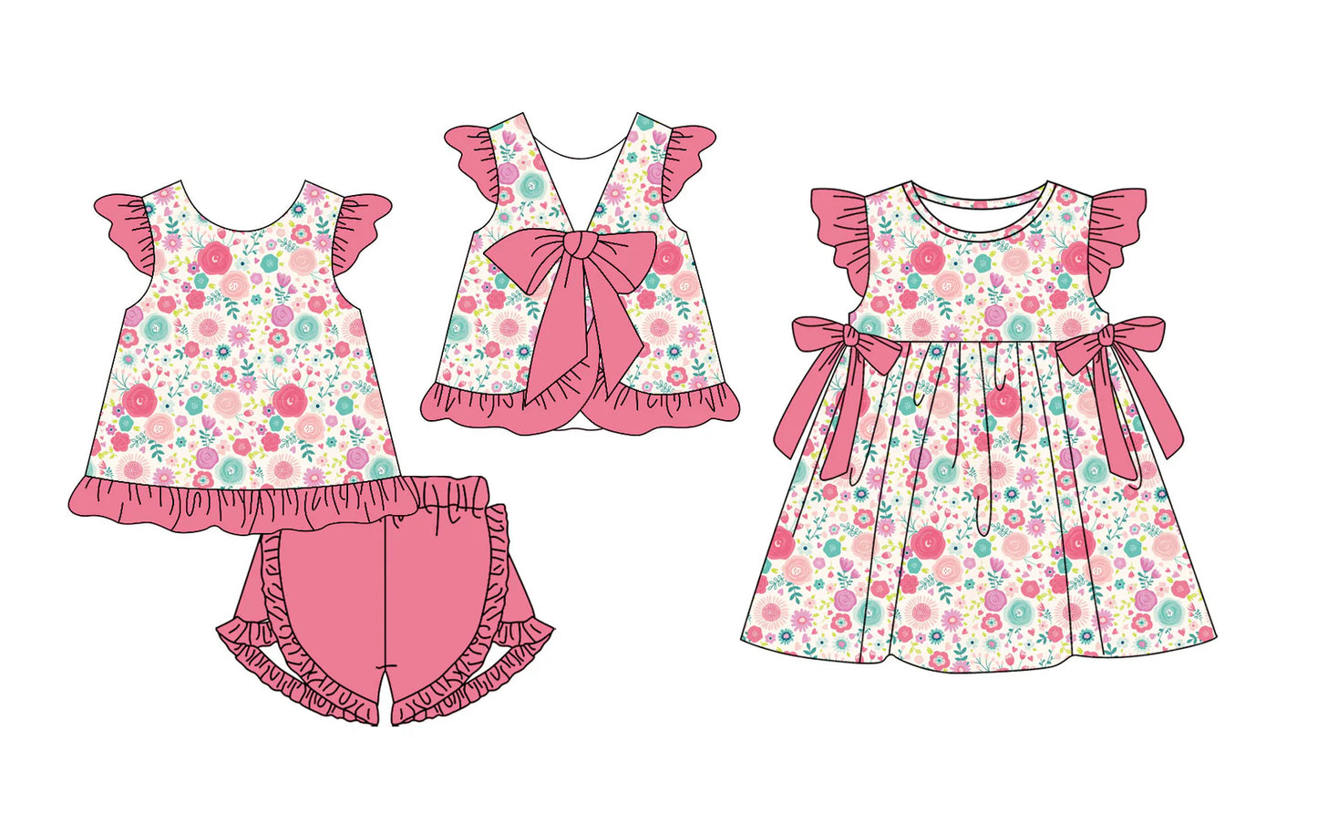 ( Moq 5 Each Style ) Baby Girls Kids Short Sleeves Flower Bows Sibling Dress Set