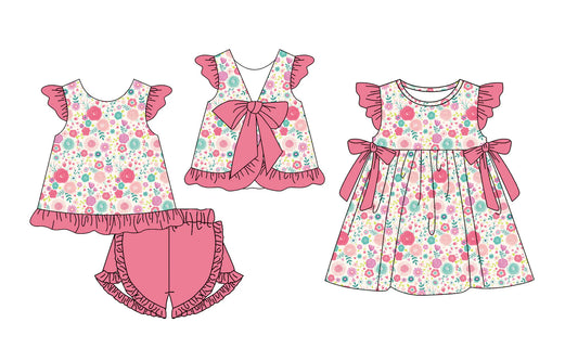 ( Moq 5 Each Style ) Baby Girls Kids Short Sleeves Flower Bows Sibling Dress Set