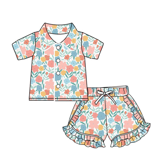 Baby Girl Short Sleeves Flower Buttons Shirt Shorts Pajamas Set Moq 5