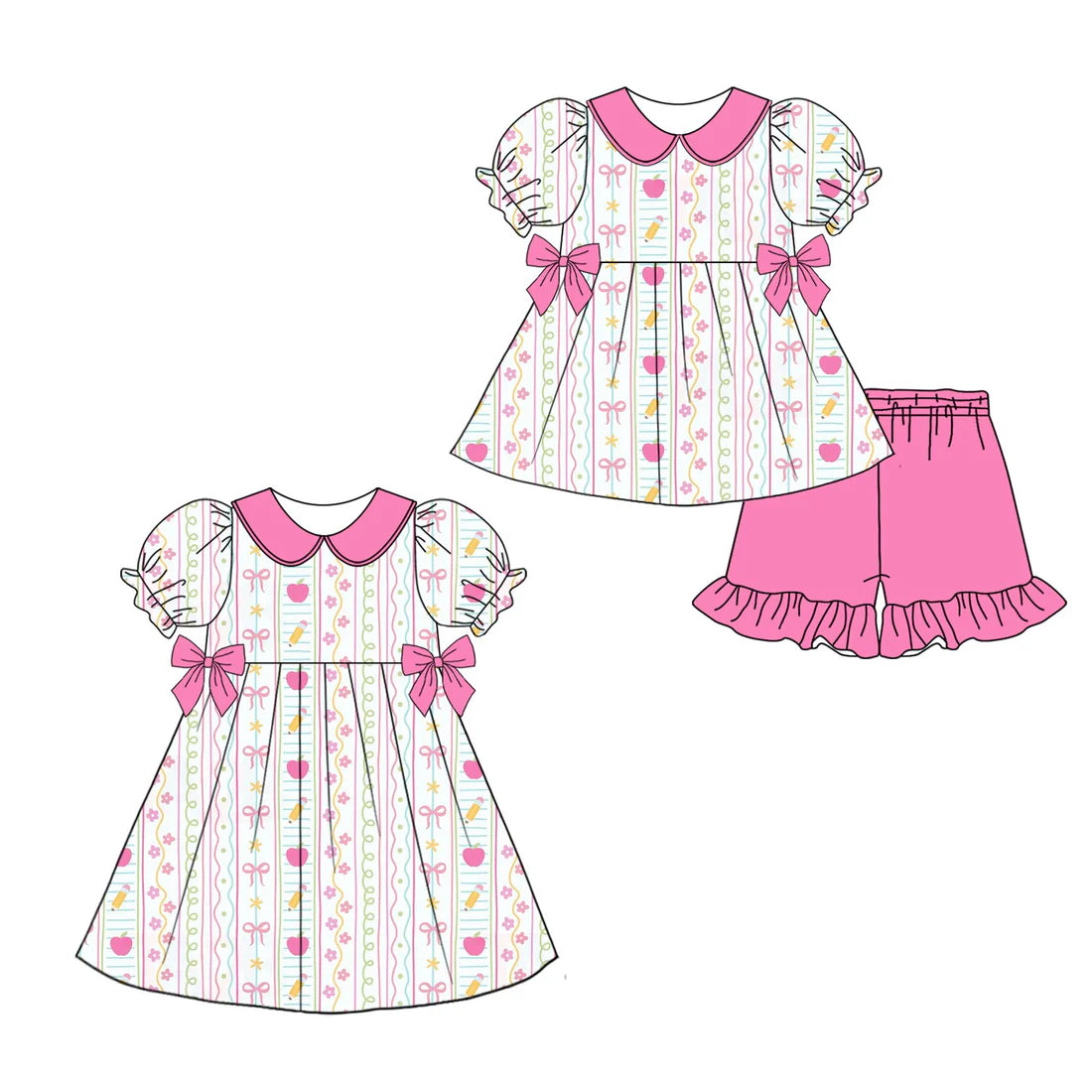 ( Moq 5 Each Style ) Sibling Baby Girls Kids Bows Pencil Flower Back to School Short Sleeves Dress Set