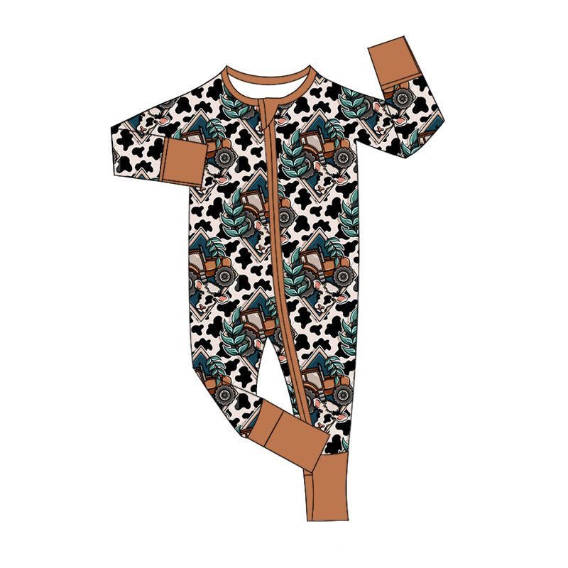 Baby Boy Infant Western Tractor Cow Print Zipper Romper