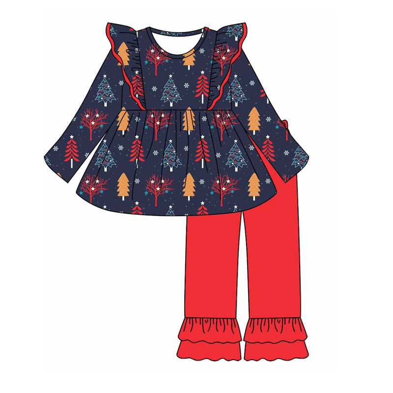 Baby Girl Long Sleeves Christmas Tree Tops Red Pants Set