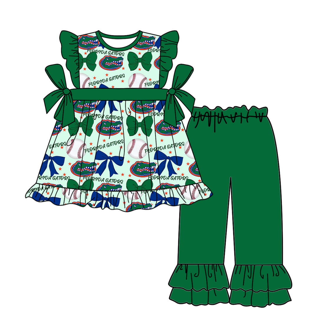 ( Moq 5 each style ) Baby Girl Toddler Team Bows Baseball Green Sibling Dress Set