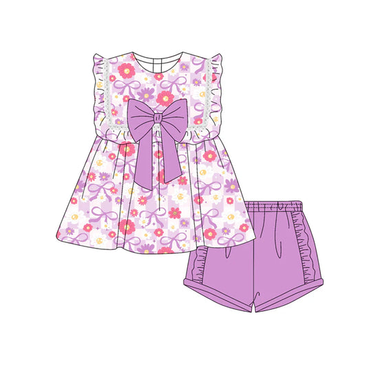 Baby Girl Sleeveless Lavender Flower Bows Tunic Ruffle Short Set ( Moq 5 )
