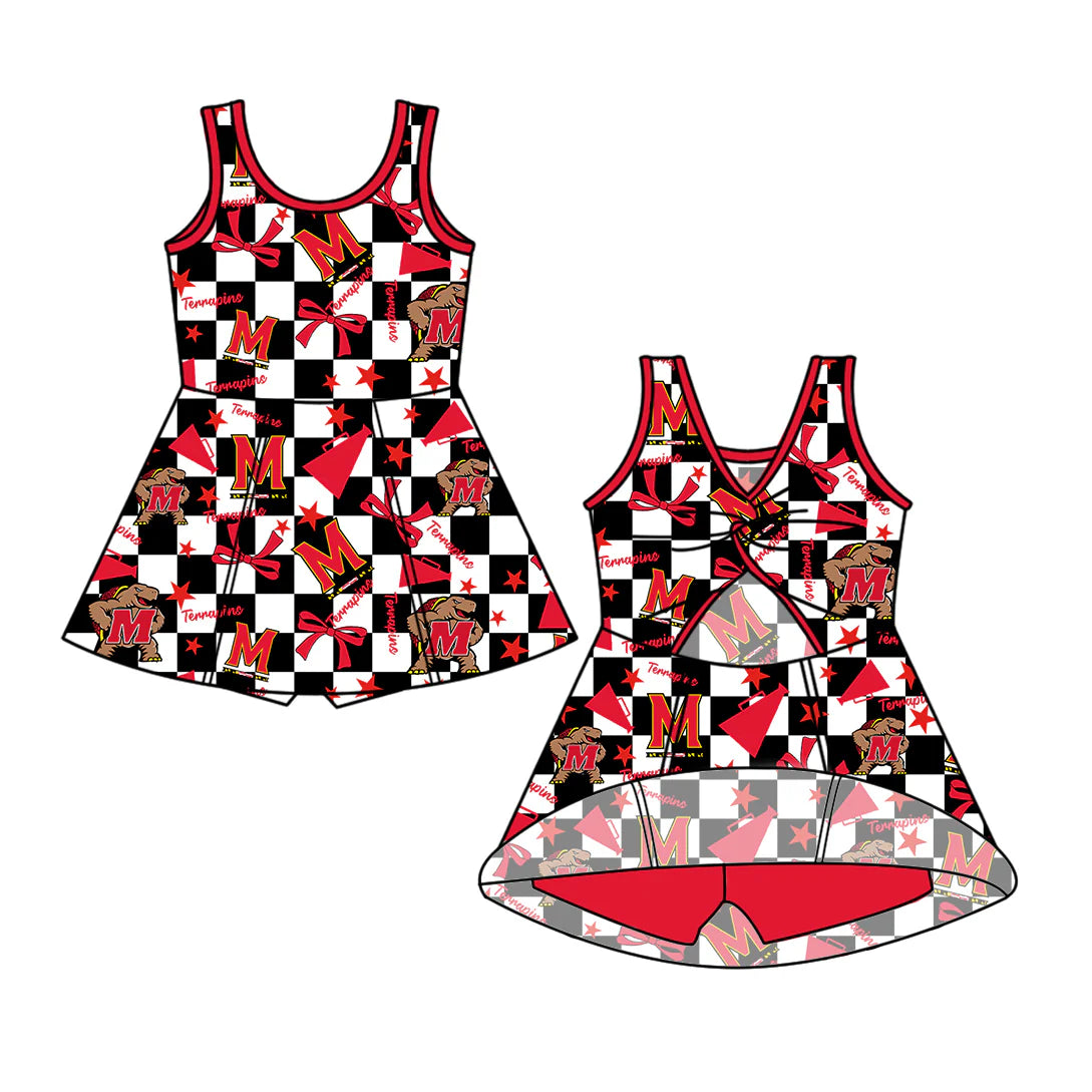 ( Moq 5 each style ) Baby Girl Toddler M Team Red Bows Cheer Sibling Checked Dress Set 6.30