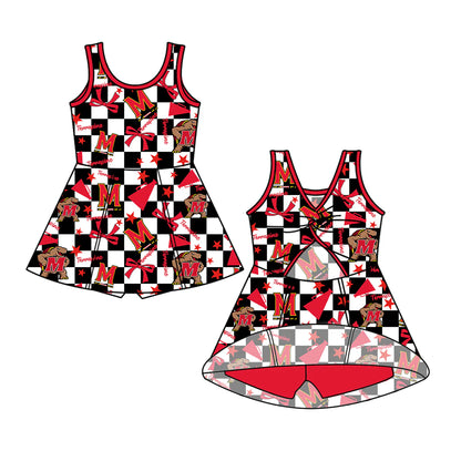 ( Moq 5 each style ) Baby Girl Toddler M Team Red Bows Cheer Sibling Checked Dress Set 6.30