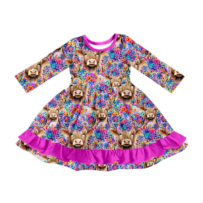 Baby Girl Long Sleeves Cow Flower Western Purple Dress