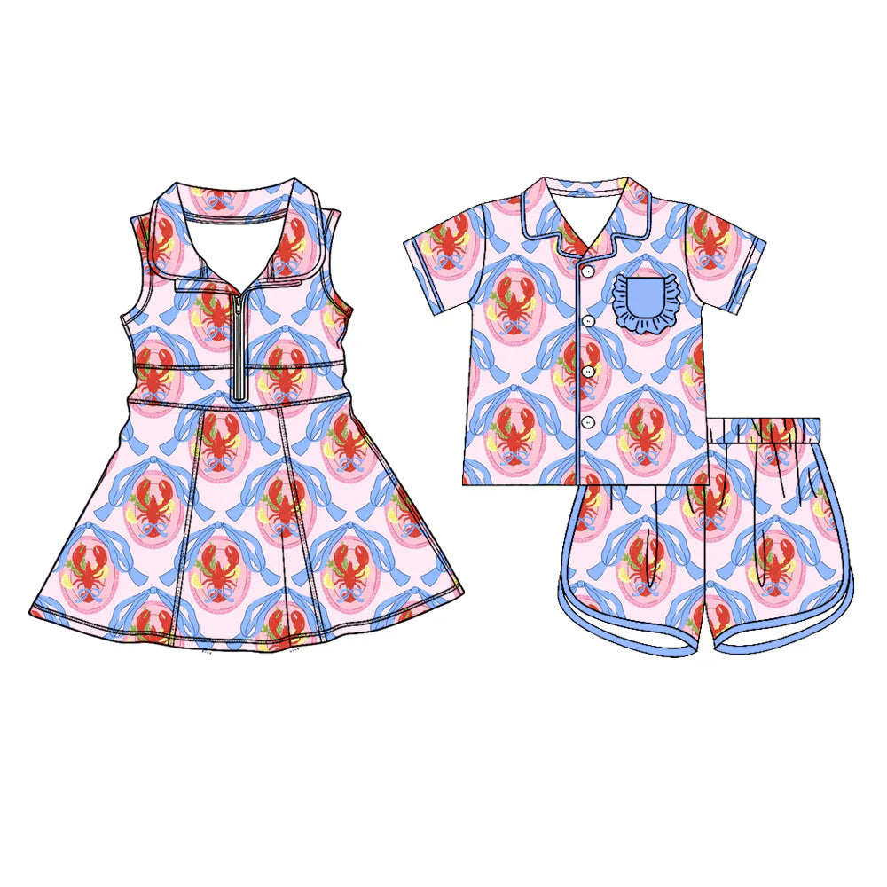 ( Moq 5 Each Style ) Baby Girls Kids Crawfish Blue Bows Shorts Dress Pajamas Set