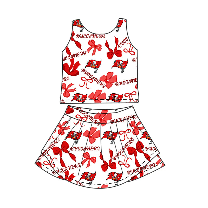( Moq 5 each style ) Baby Girl Toddler Team Red Bows Sibling Skort Dress Set 6.6