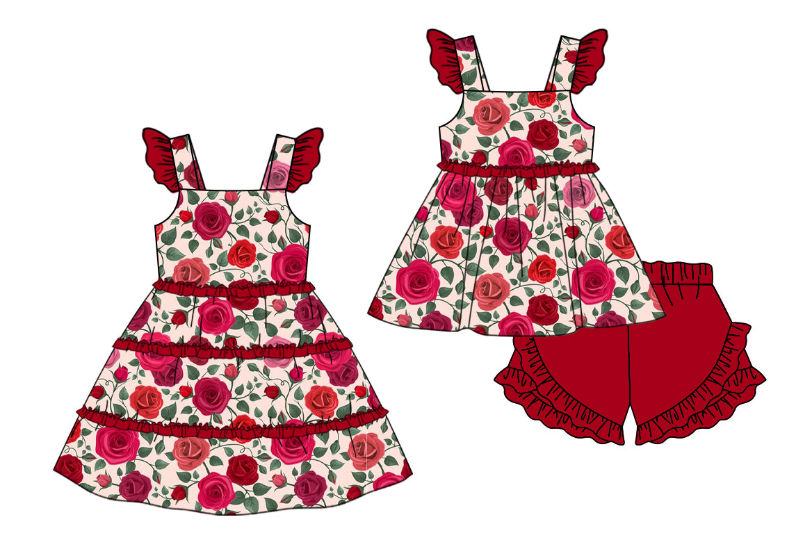 Baby Girl Short Sleeves Flower Sibling Matching Dress Dark Red Ruffle Clothes Set Moq 5 Each Design