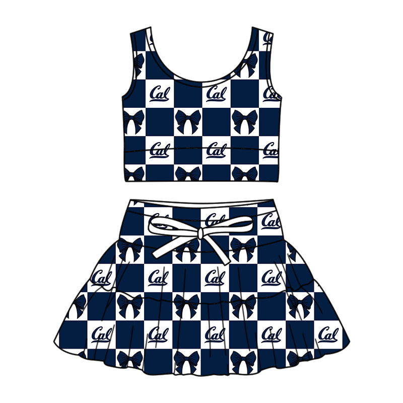 ( Moq 5 ) Baby Girls Kids Sleeveless Navy Bows Checked Tops Shorts Skirt Team Set