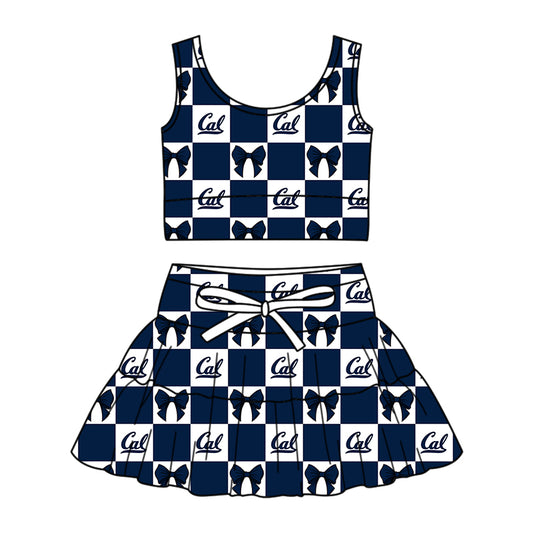 ( Moq 5 ) Baby Girls Kids Sleeveless Navy Bows Checked Tops Shorts Skirt Team Set