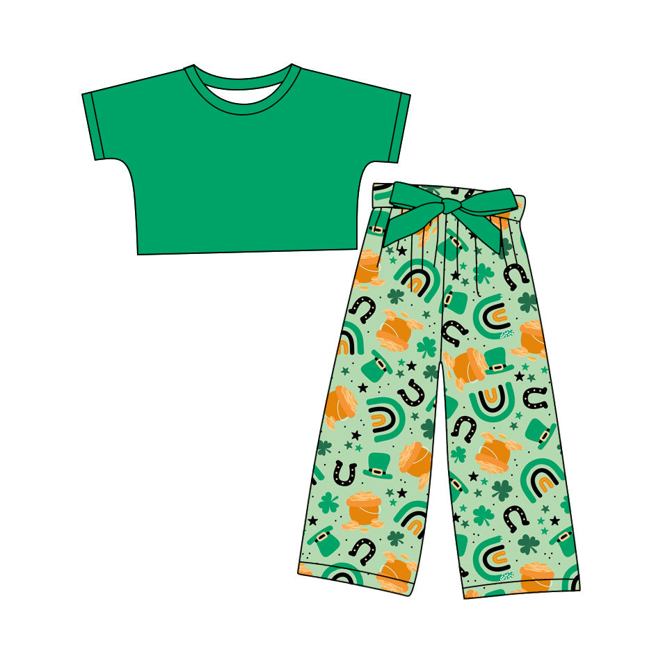 Baby Girl Short Sleeveless Green Cotton Tops St Patrick Pants Set ( Moq 5 ) 12.10