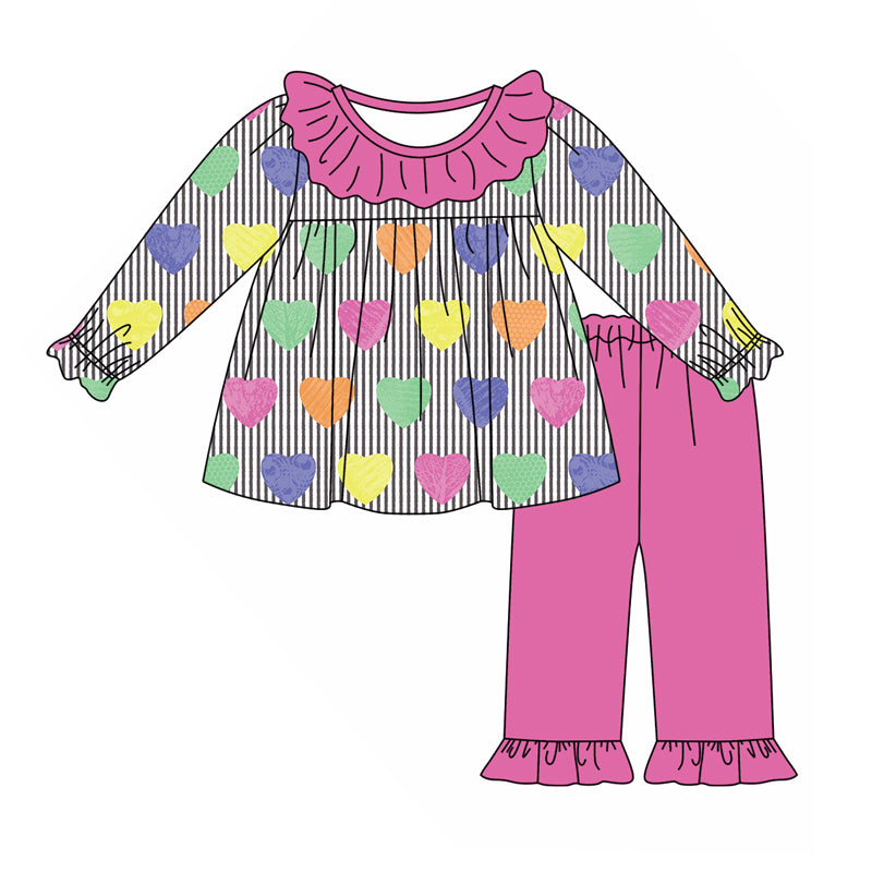 Baby Girl Toddler Long Sleeves Valentine Hearts Stripes Tops Pink Pants Set