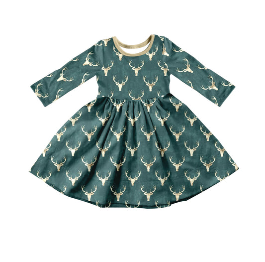 Baby Girl Long Sleeves Deer Green Dress