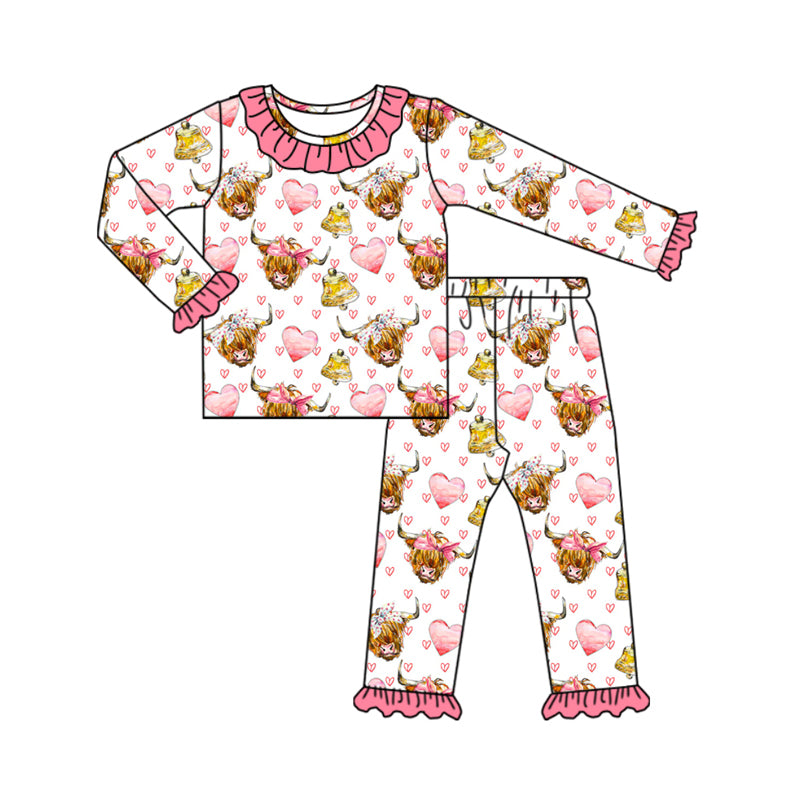 Baby Girl Long Sleeves Cow Hearts Shirt Pants Valentine Pajamas Set Moq 5