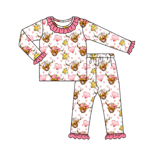 Baby Girl Long Sleeves Cow Hearts Shirt Pants Valentine Pajamas Set Moq 5