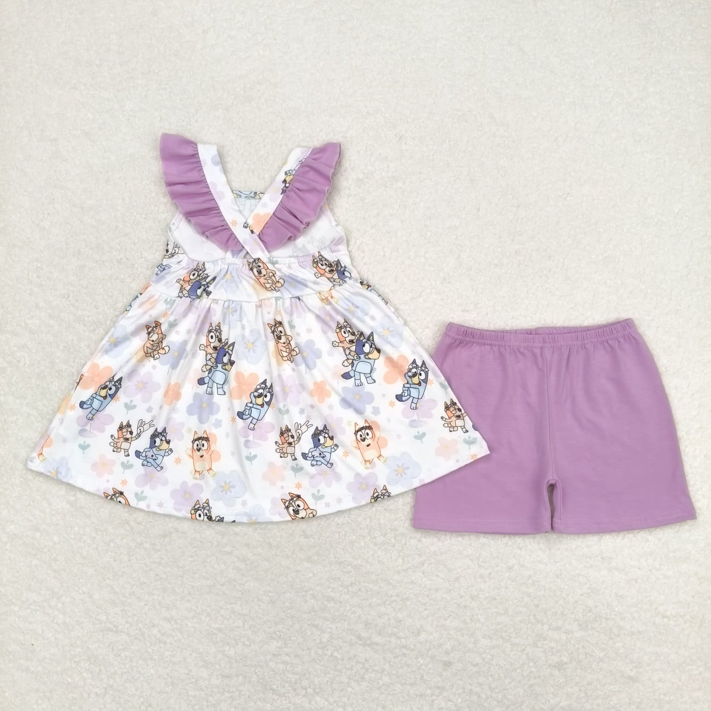 Baby Girl Sleeveless Floral Dogs Tops Purple Shorts Summer Set