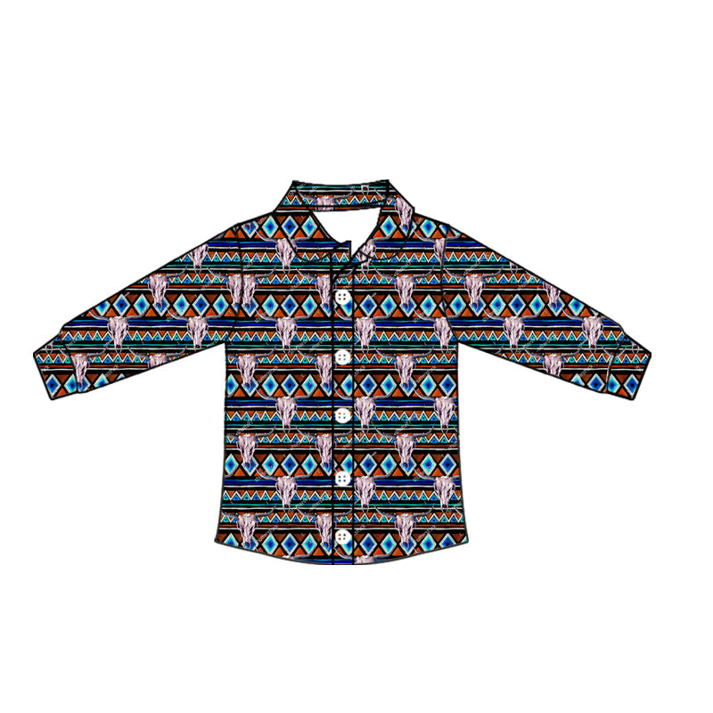 ( Moq 5 ) Baby Boy Long Sleeves Western Aztec Bull Skull Button Shirt Tops