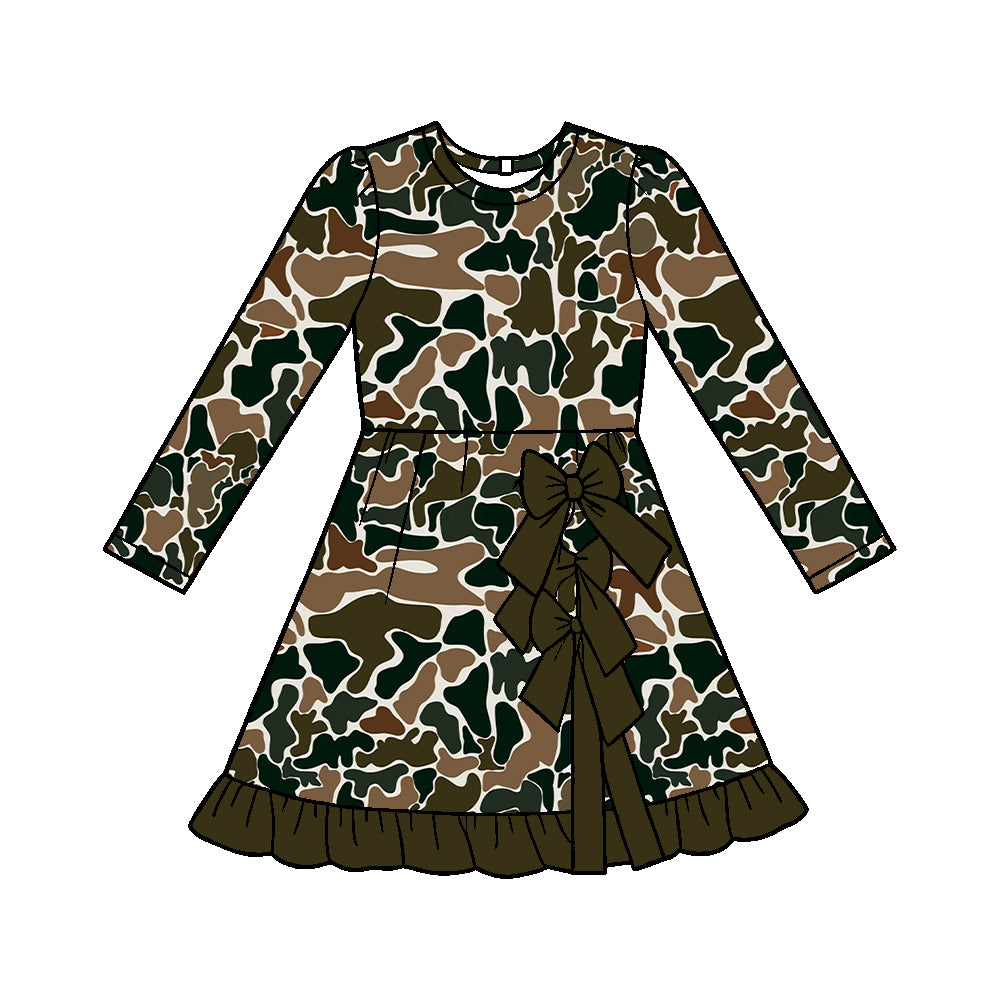 ( Moq 5 ) Baby Girls Kids Long Sleeves Brown Camo Print Shorts Bows Ruffle Dress Clothes