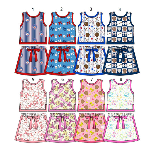 ( Moq 5 Each Style ) Sibling Baby Girls Kids Sleeveless Baseball Bows Shirts Skorts Summer Sets