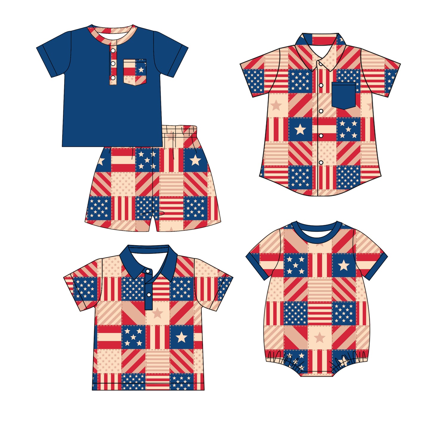 ( Moq 5 Each Style ) Sibling Baby Boys Toddler 4th of July Plaid Shirts Set Romper Clothes