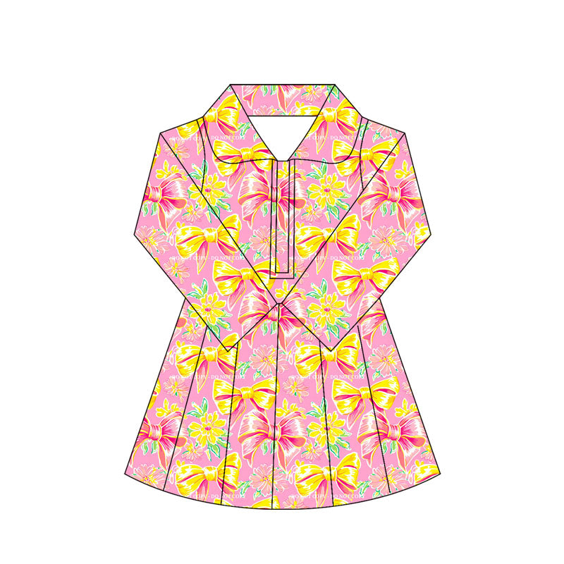 ( Moq 10 ) Baby Girl Colorful Bows Floral Long Sleeves Zipper Activity Wear Yoga Knee Length Dress