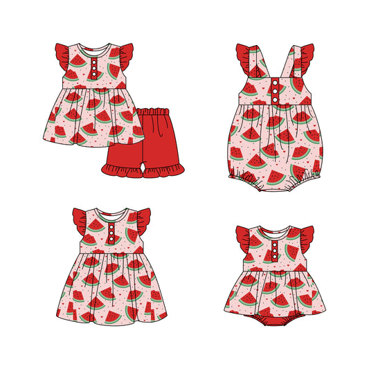 Baby Girl Short Sleeves Watermelon Hearts Sibling Romper Dress Clothes Set ( Moq 5 Each Design )