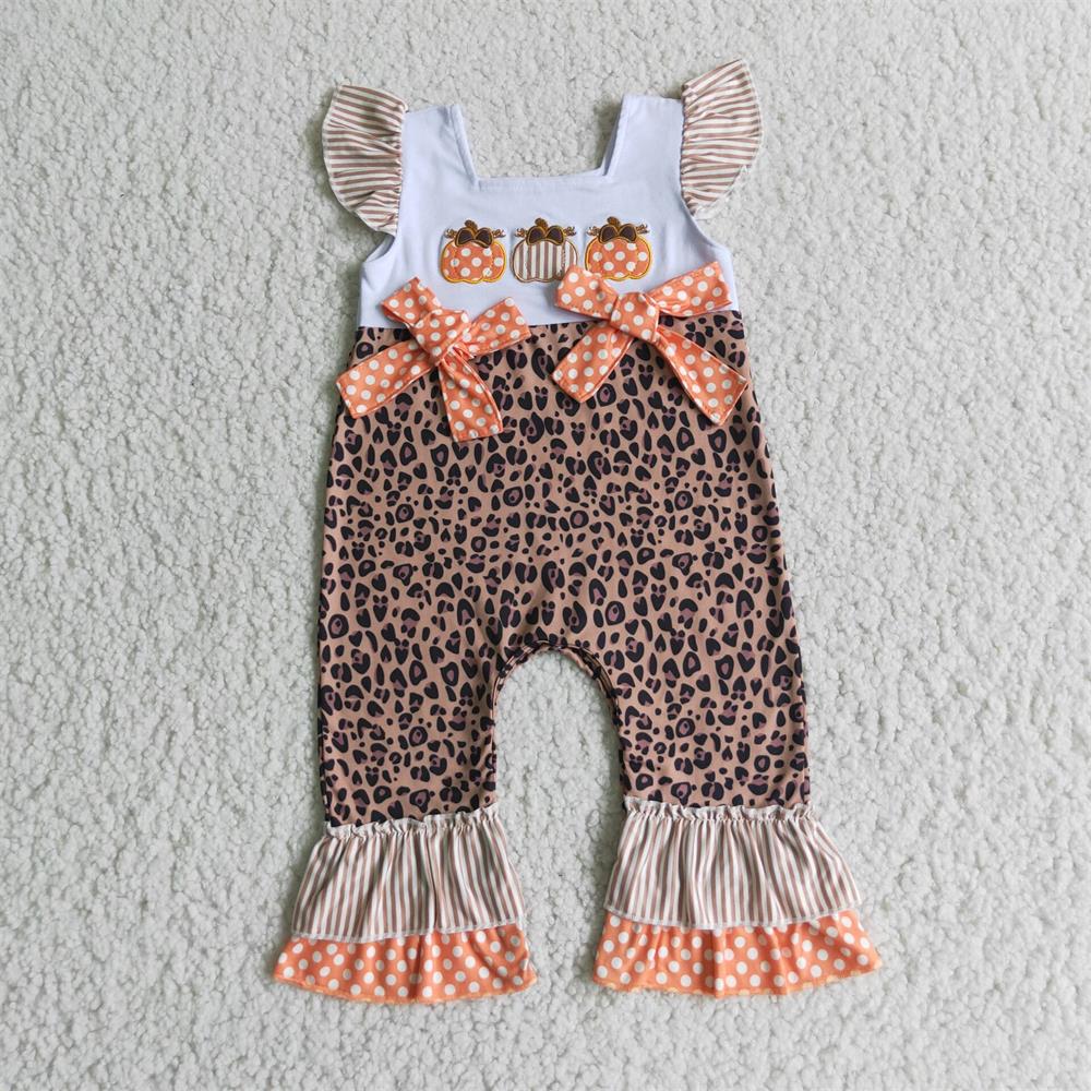Baby Girl Sleeveless Embroidery Pumpkins Leopard Ruffle Romper RTS