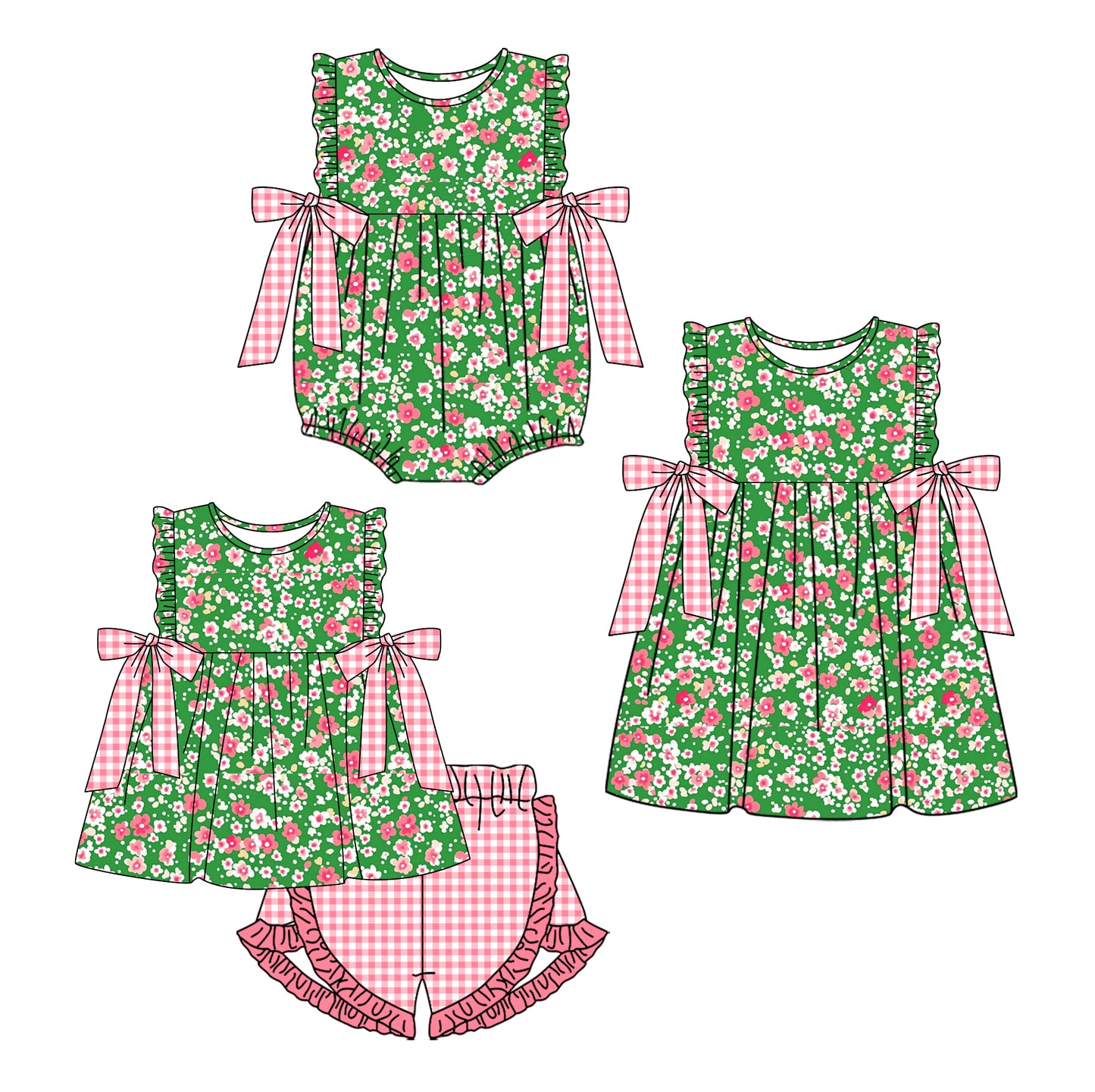 Baby Girl Floral Pink Bows Sibling Matching Romper Dress Clothes Set ( Moq 5 Each Design )