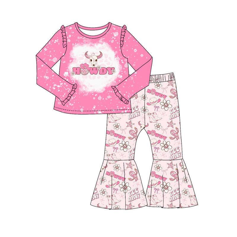 Baby Girl Long Sleeves Howdy Pink Shirt Cow Flower Pants Set