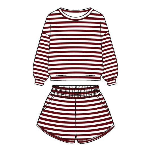 ( Moq 5 ) Baby Girls Kids Long Sleeves Stripes Shirt Pockets Shorts Team Set Clothes