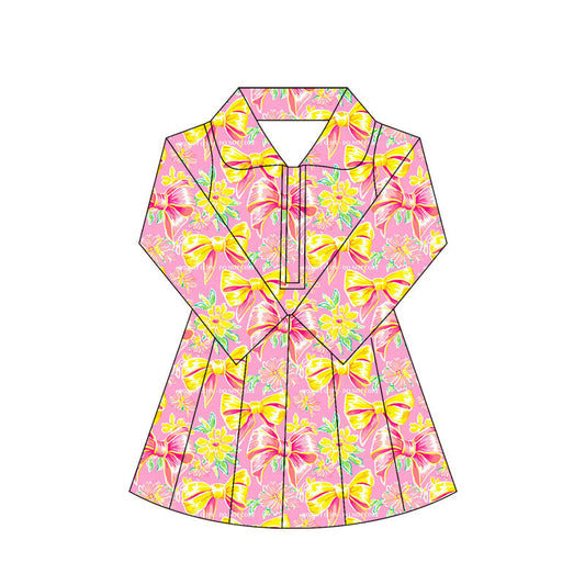 ( Moq 10 ）Baby Girl Peach Bows Floral Long Sleeves Zipper Activity Wear Yoga Knee Length Dress