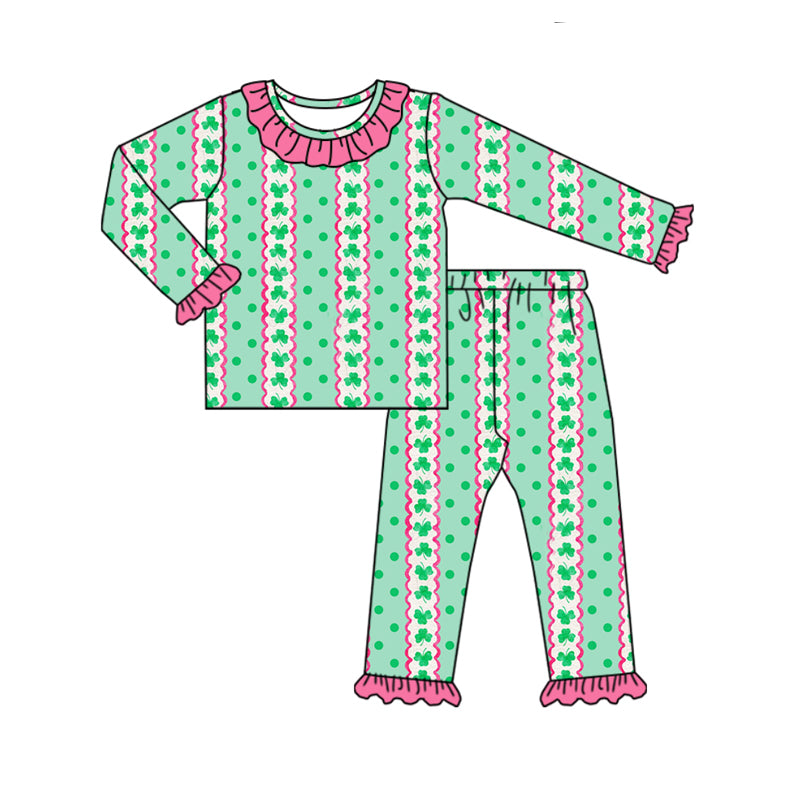 Baby Girl Long Sleeves St. Patrick Clover Shirt Pants Pajamas Green Set Moq 5