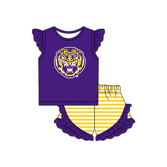 ( Moq 5 ) Baby Girls Purple Short Sleeves Tiger Shirt Stripes Ruffle Shorts Team Clothes Set