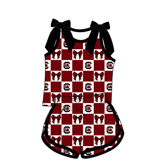 ( Moq 5 ) Baby Girls Kids Sleeveless Bows Shirt Shorts Team Set Cheer Clothes