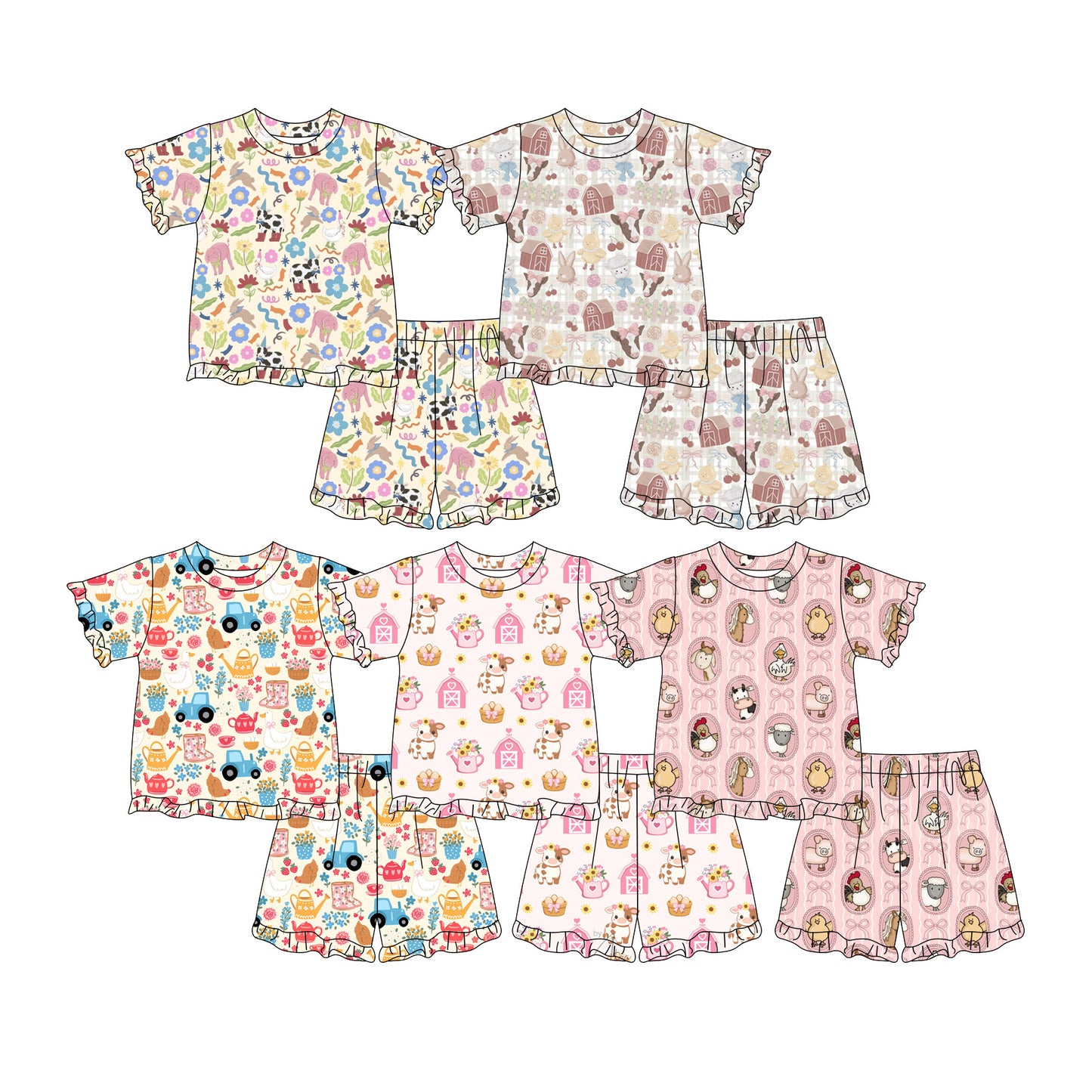 ( Moq 5 Each Style ) Baby Girls Kids Short Sleeves Shirts Farm Animals Shorts Sibling Summer Sets